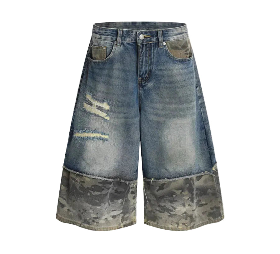 Camo Panel Baggy Denim Shorts