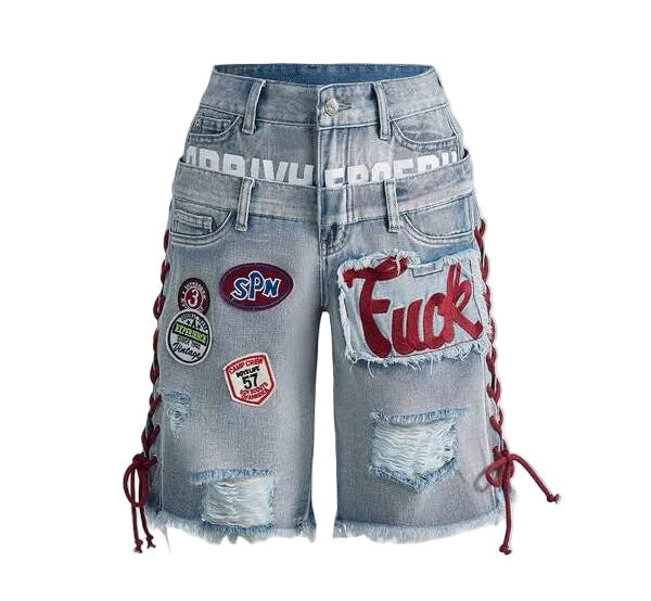 Patch Lace-Up Denim Shorts