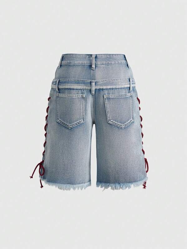 Patch Lace-Up Denim Shorts