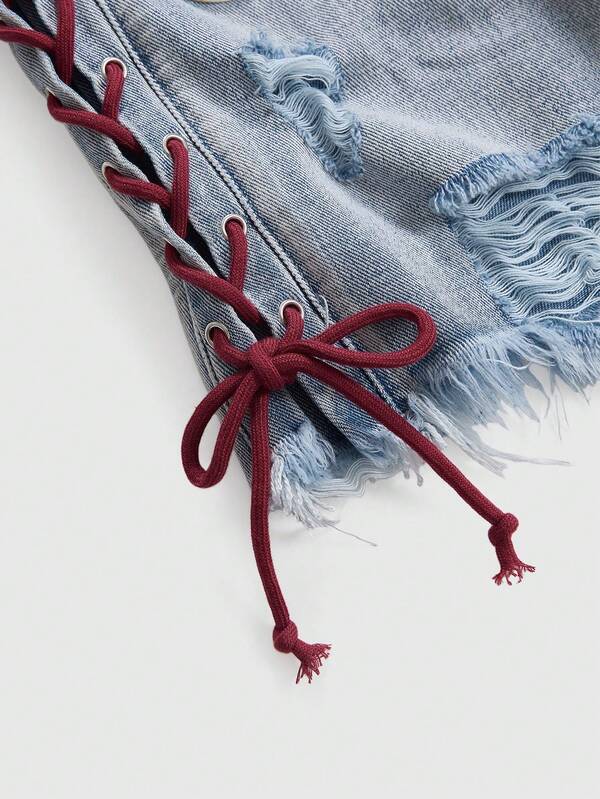 Patch Lace-Up Denim Shorts