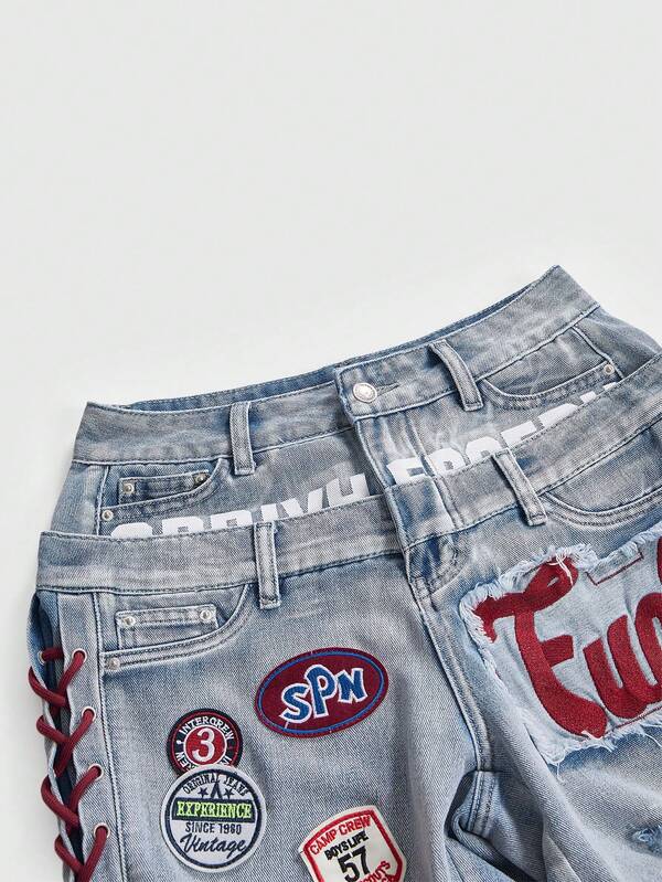 Patch Lace-Up Denim Shorts