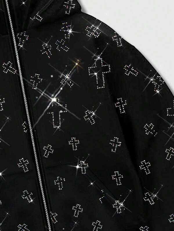 CROSS SIGNAL — Rhinestone Zip Hoodie