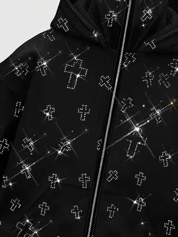 CROSS SIGNAL — Rhinestone Zip Hoodie