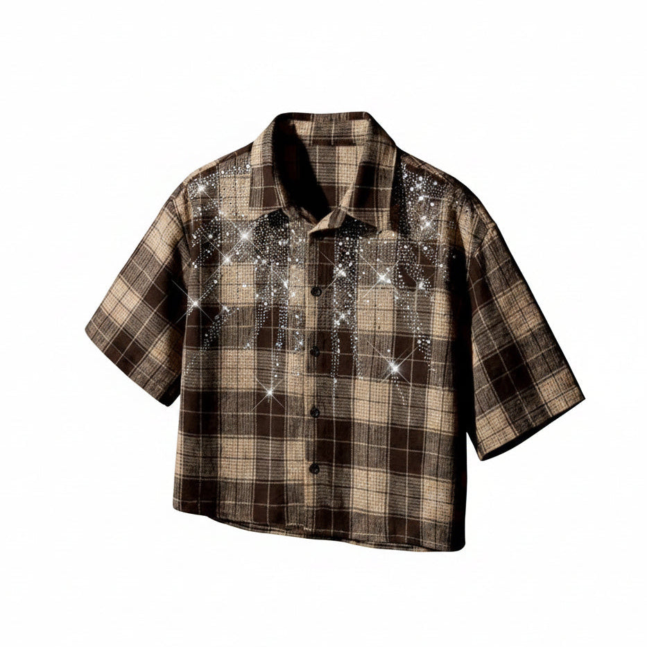 Brown Tartan Pearl & Rhinestone Crop Shirt