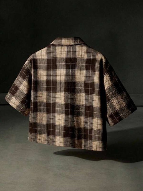 Brown Tartan Pearl & Rhinestone Crop Shirt