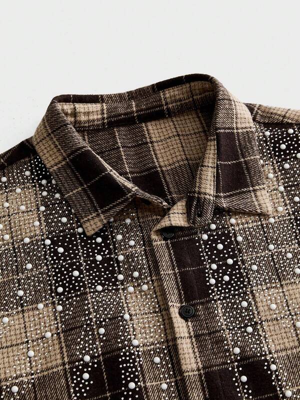 Brown Tartan Pearl & Rhinestone Crop Shirt
