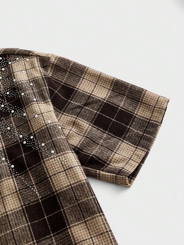 Brown Tartan Pearl & Rhinestone Crop Shirt
