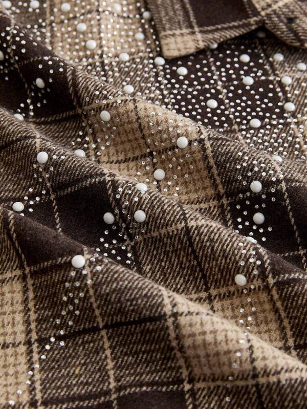 Brown Tartan Pearl & Rhinestone Crop Shirt
