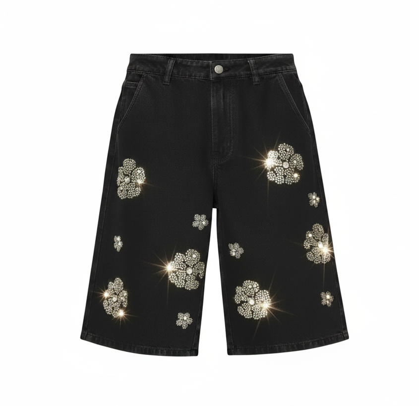 Crystal Flower Denim Shorts
