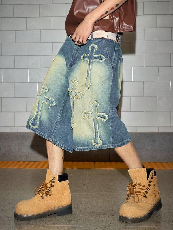 Holy Cross Distressed Denim Shorts