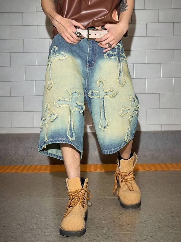 Holy Cross Distressed Denim Shorts