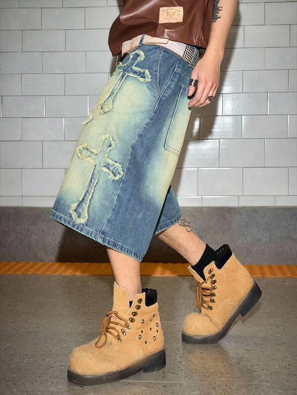 Holy Cross Distressed Denim Shorts