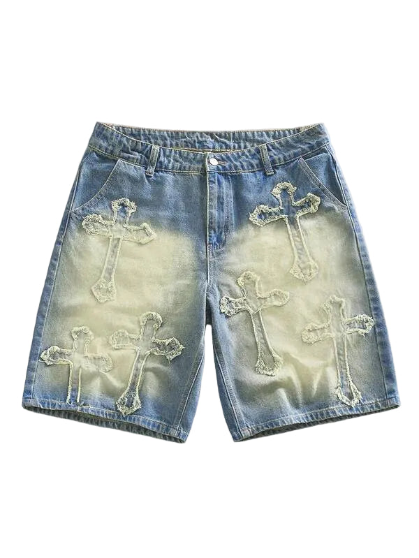Holy Cross Distressed Denim Shorts