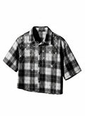 Black White Tartan Pearl & Rhinestone Crop Shirt