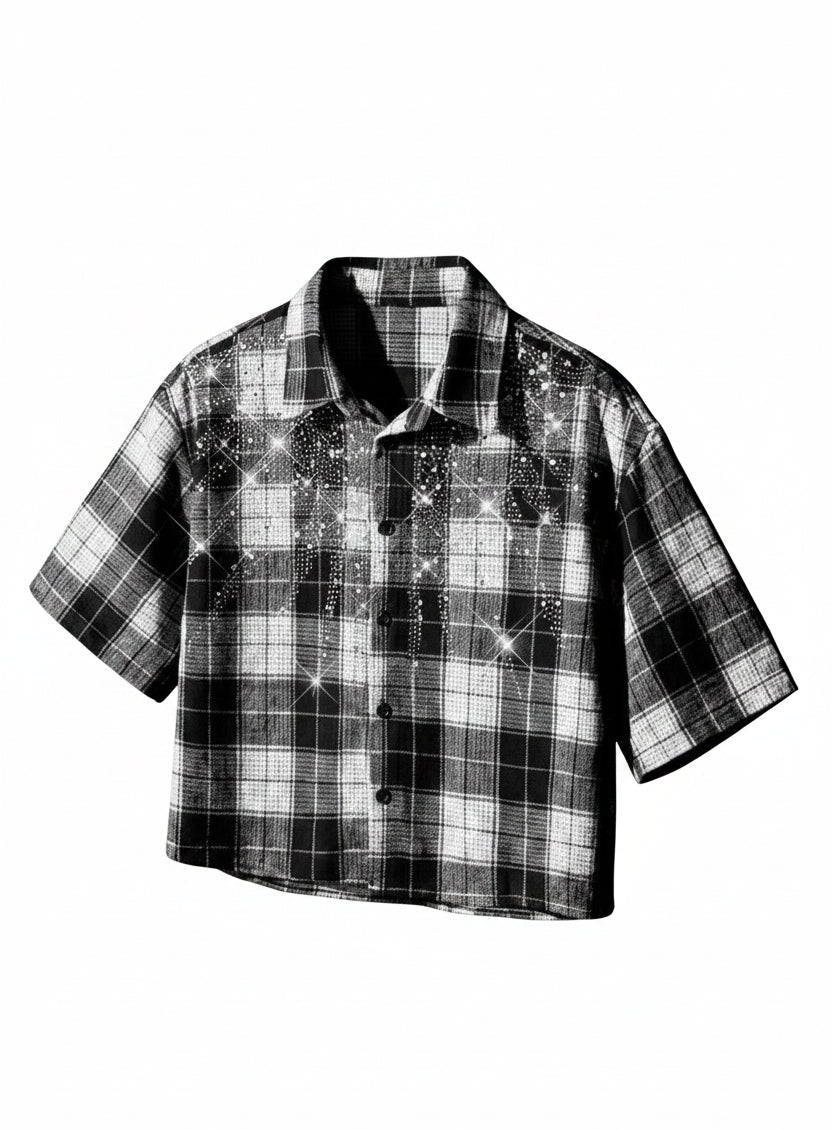 Black White Tartan Pearl & Rhinestone Crop Shirt