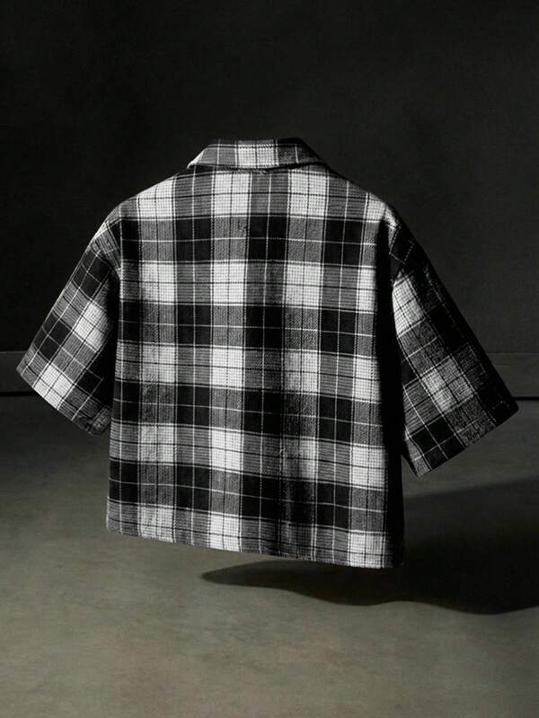 Black White Tartan Pearl & Rhinestone Crop Shirt
