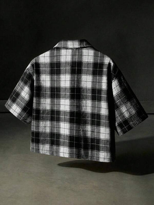 Black White Tartan Pearl & Rhinestone Crop Shirt