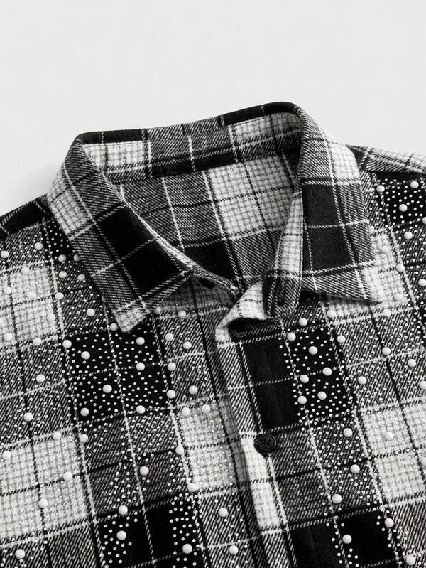 Black White Tartan Pearl & Rhinestone Crop Shirt