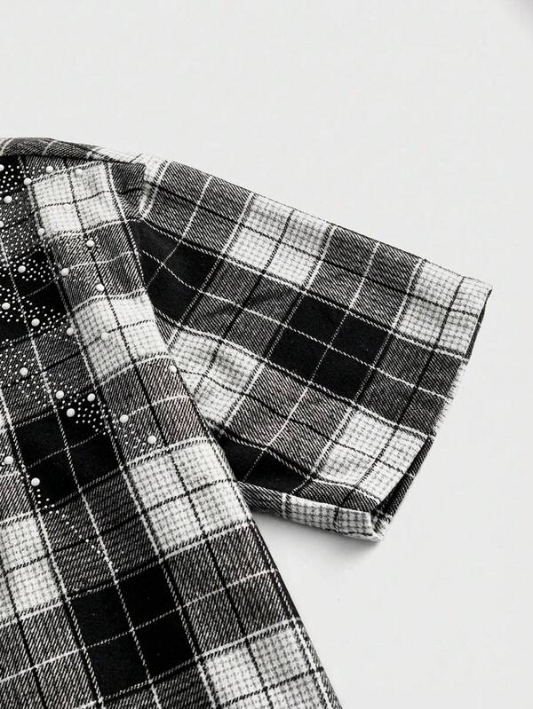 Black White Tartan Pearl & Rhinestone Crop Shirt