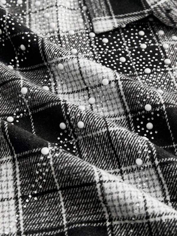 Black White Tartan Pearl & Rhinestone Crop Shirt