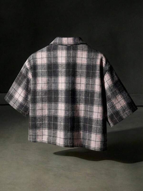 Grey Pink Tartan Pearl & Rhinestone Crop Shirt