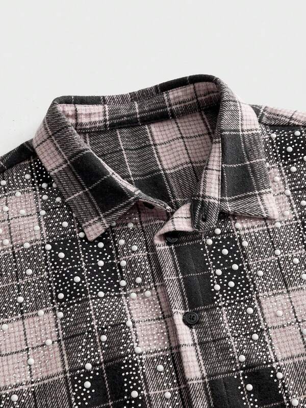 Grey Pink Tartan Pearl & Rhinestone Crop Shirt