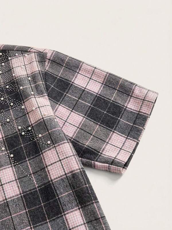 Grey Pink Tartan Pearl & Rhinestone Crop Shirt