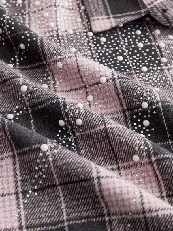Grey Pink Tartan Pearl & Rhinestone Crop Shirt