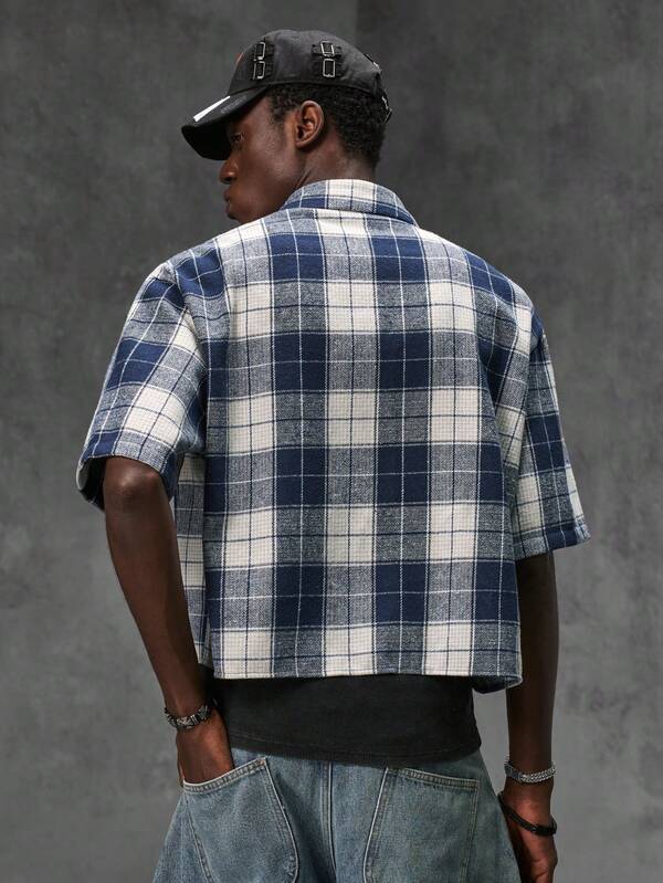 Navy Tartan Rhinestone Crop Shirt