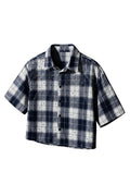 Navy Tartan Rhinestone Crop Shirt