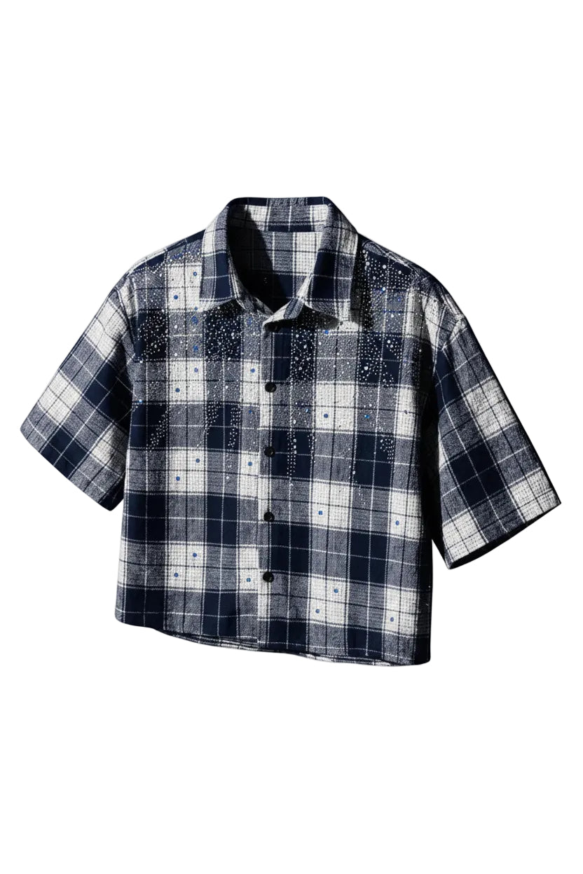 Navy Tartan Rhinestone Crop Shirt