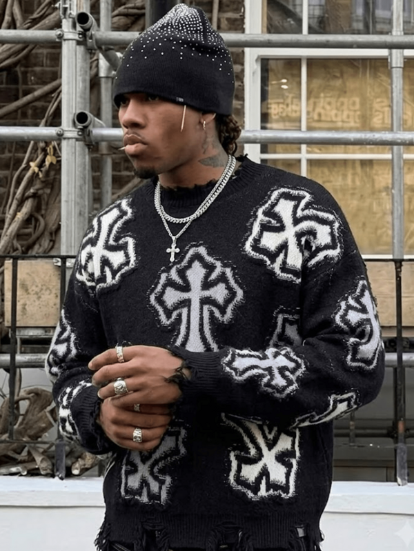 PALE ALTAR — Distressed Cross Sweater