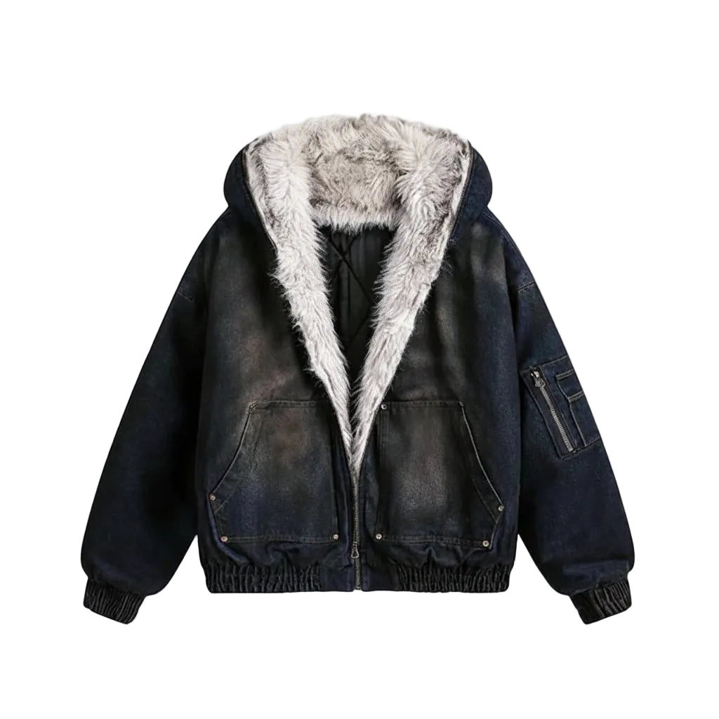 Washed Denim Fur-Lined Hood Bomber