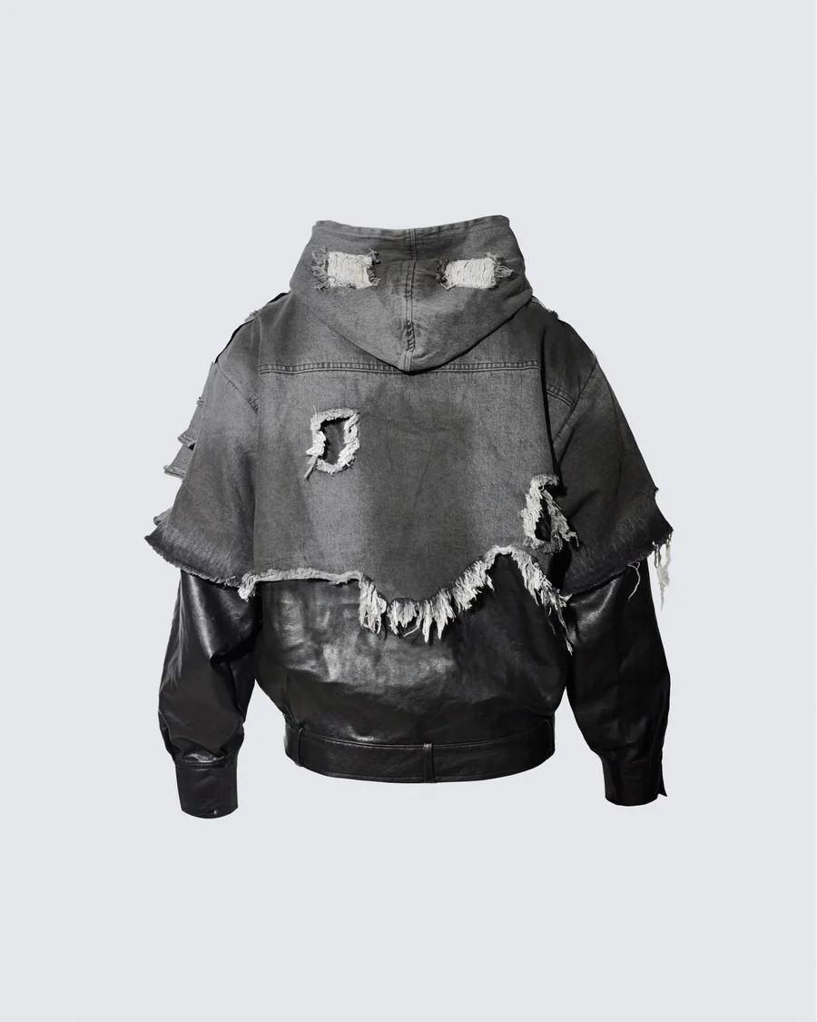 Distressed Denim x Leather Hybrid Jacket