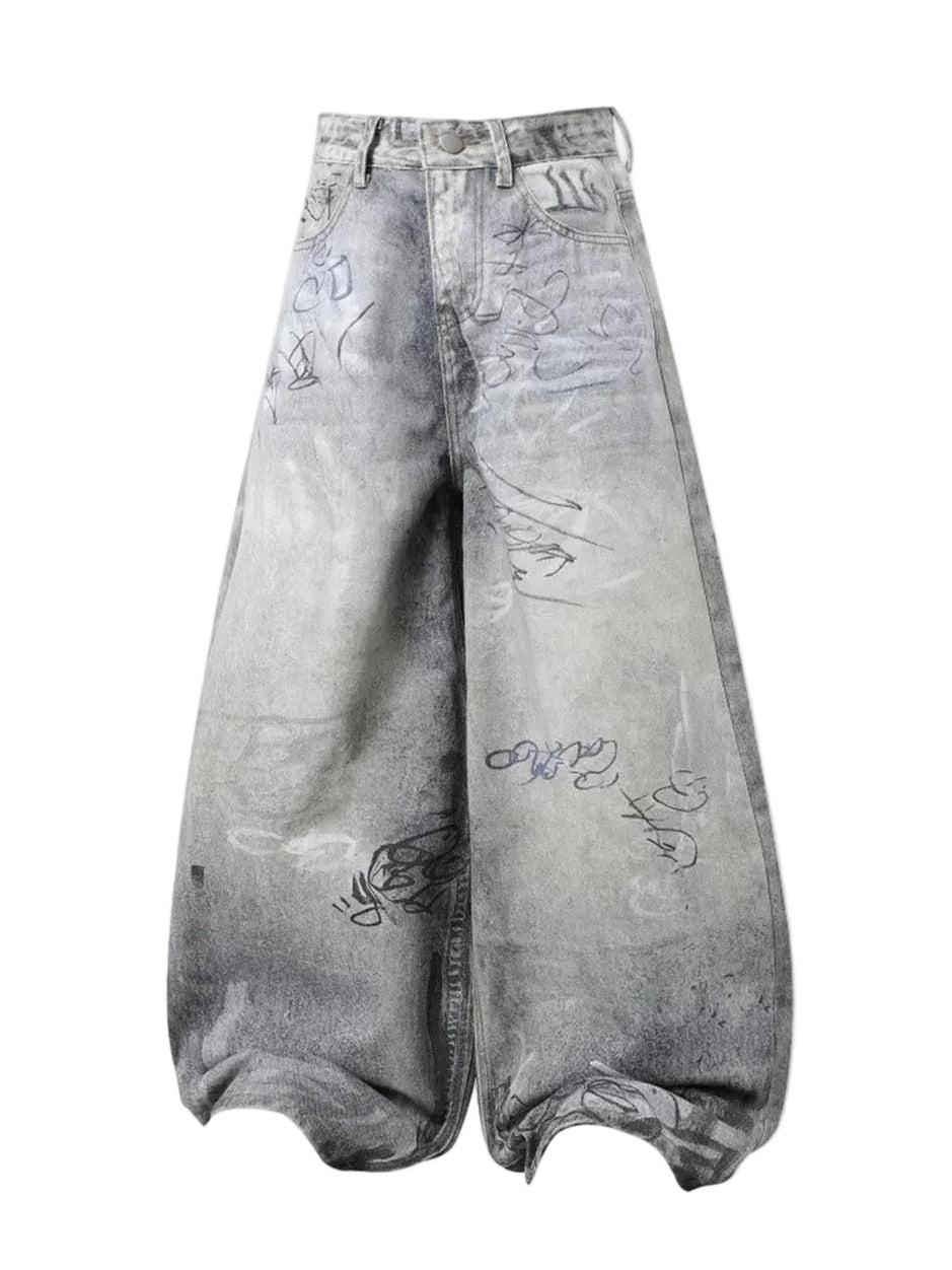Graffiti Print Balloon Denim — Ice Grey