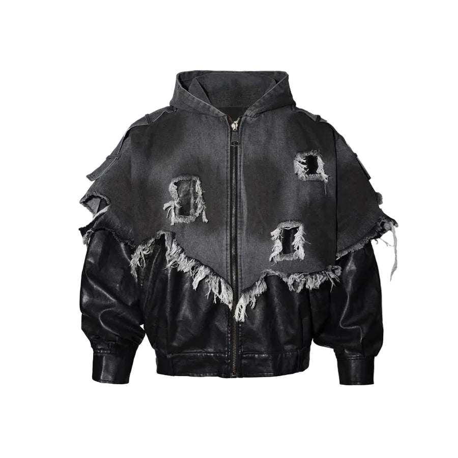 Distressed Denim x Leather Hybrid Jacket