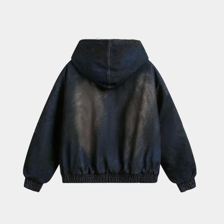 Washed Denim Fur-Lined Hood Bomber