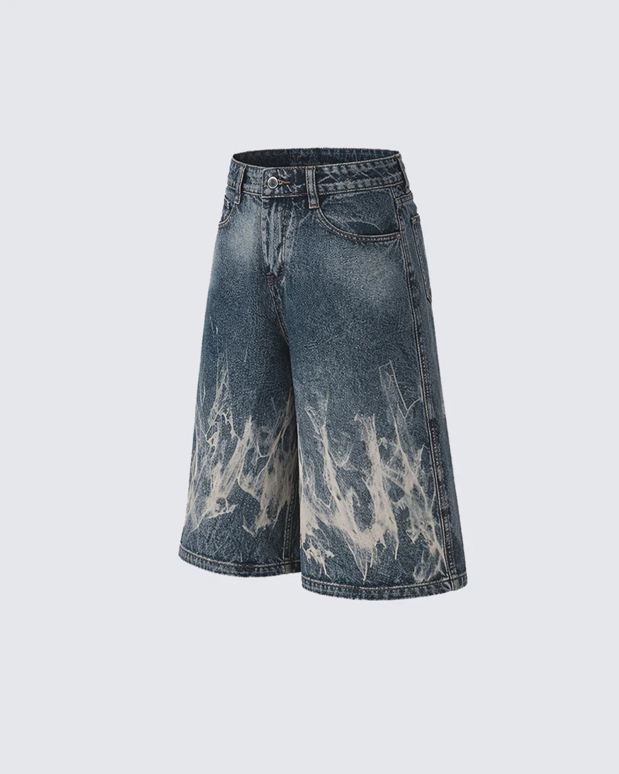 Flame Bleach Denim Shorts