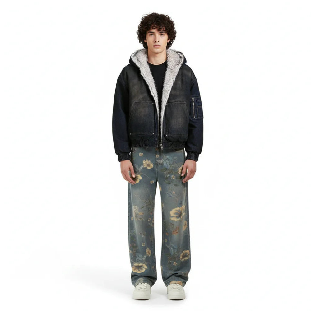 Washed Denim Fur-Lined Hood Bomber