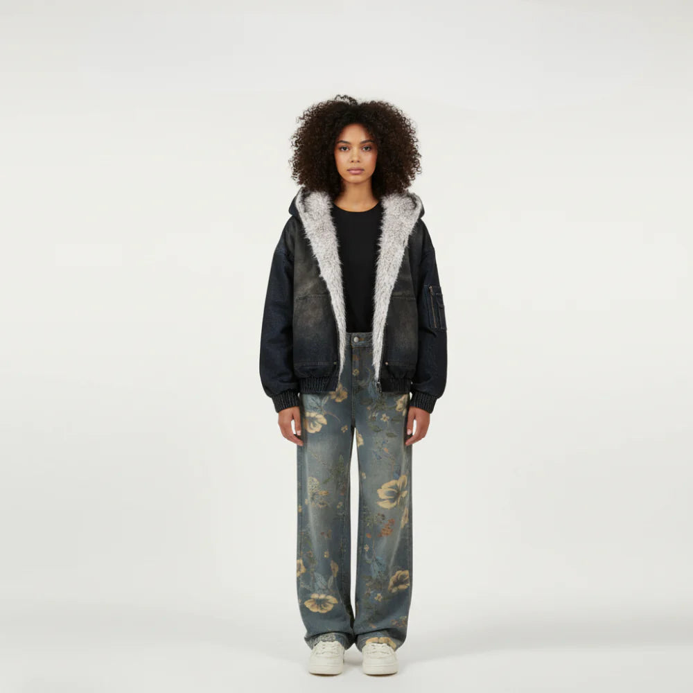 Washed Denim Fur-Lined Hood Bomber