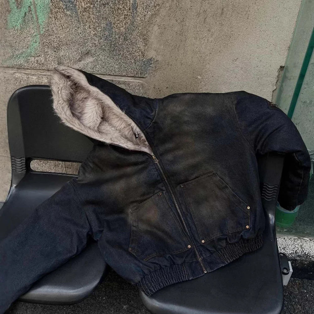 Washed Denim Fur-Lined Hood Bomber