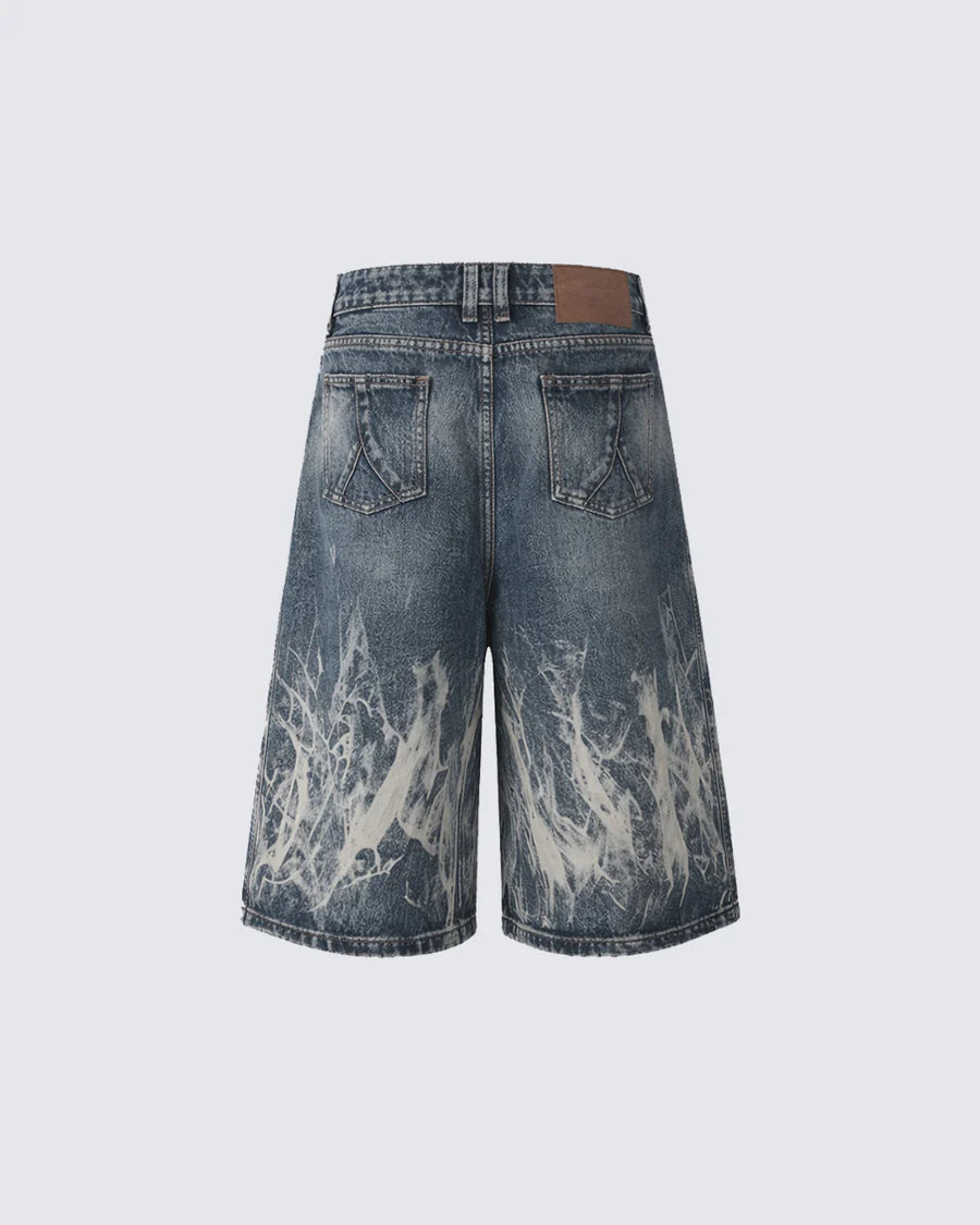 Flame Bleach Denim Shorts