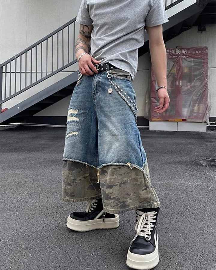Camo Panel Baggy Denim Shorts