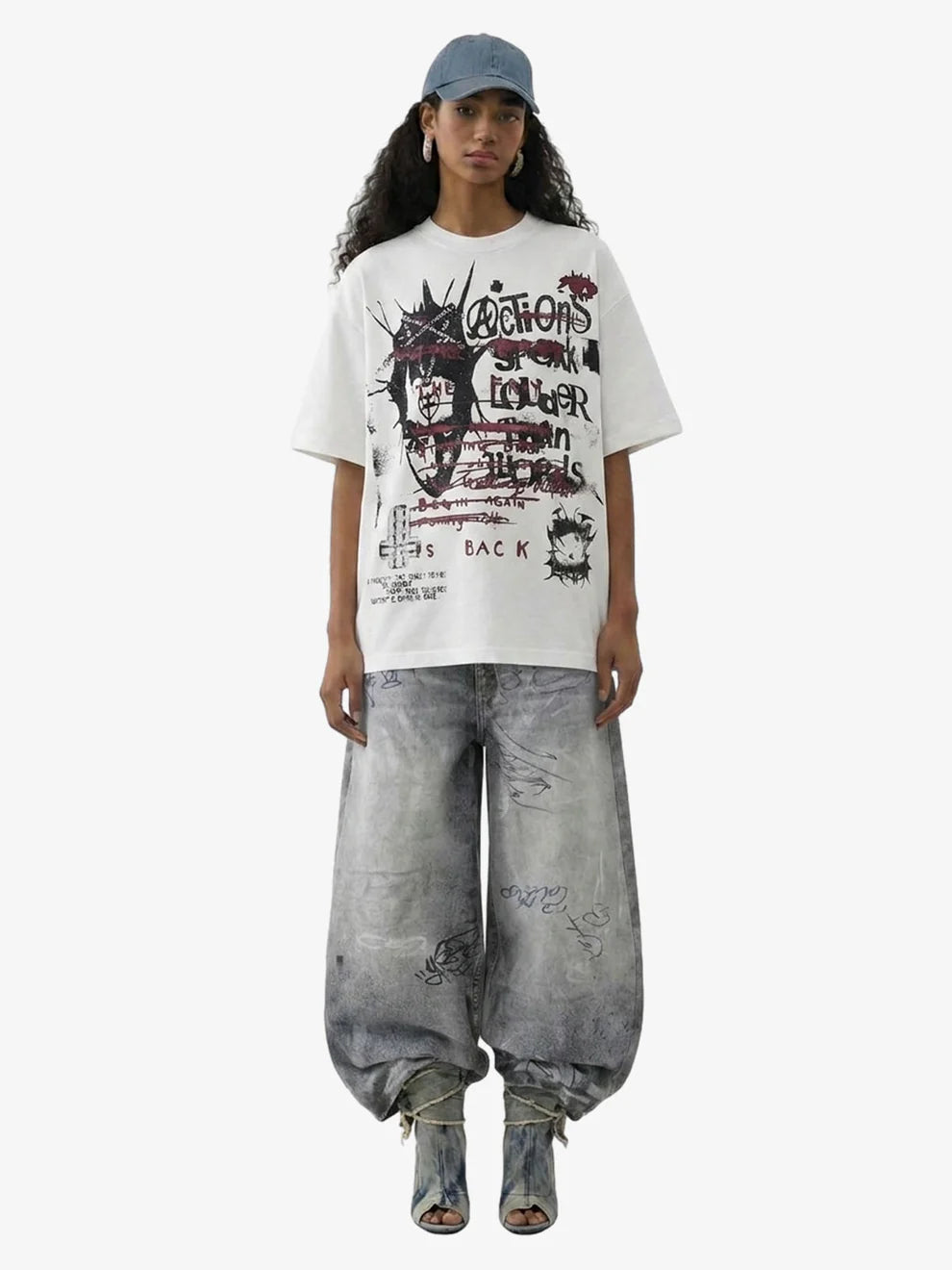 Graffiti Print Balloon Denim — Ice Grey