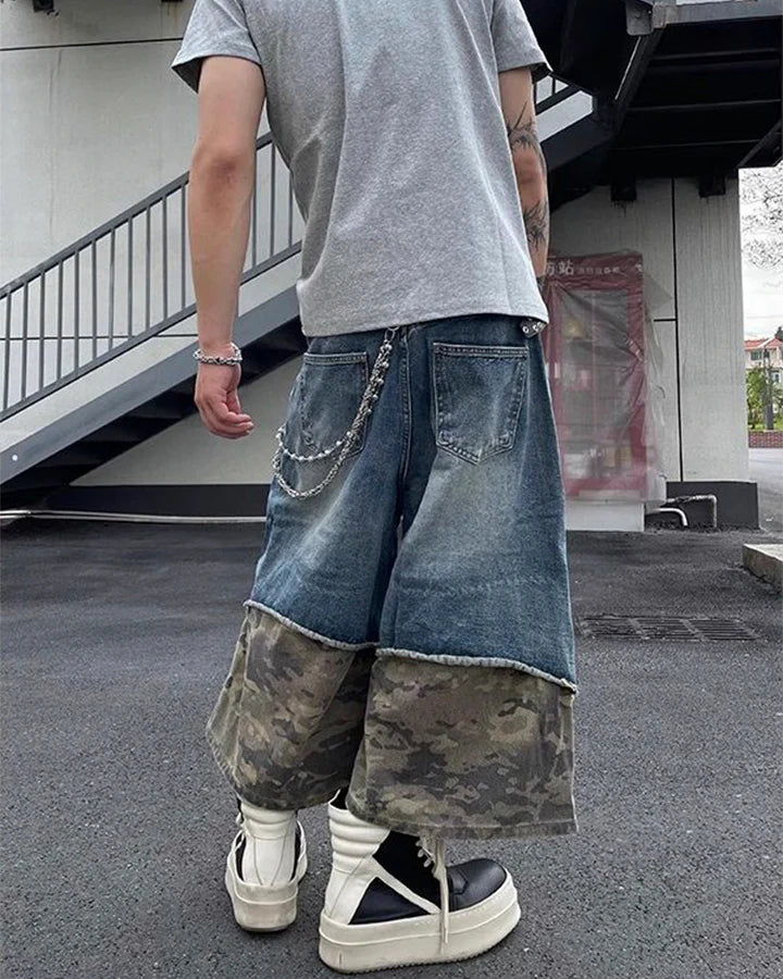 Camo Panel Baggy Denim Shorts