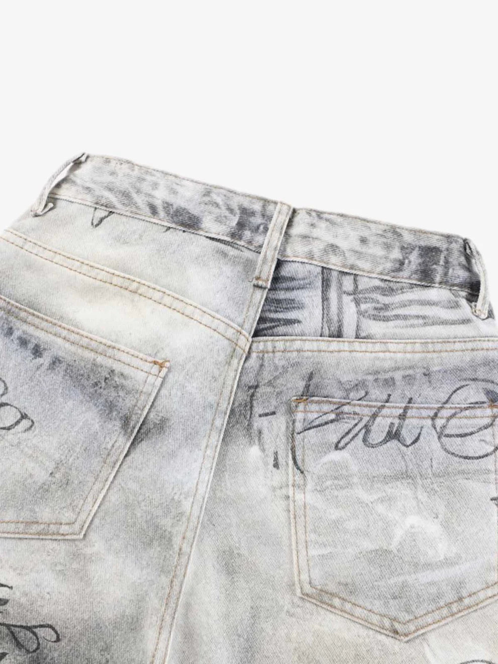 Graffiti Print Balloon Denim — Ice Grey