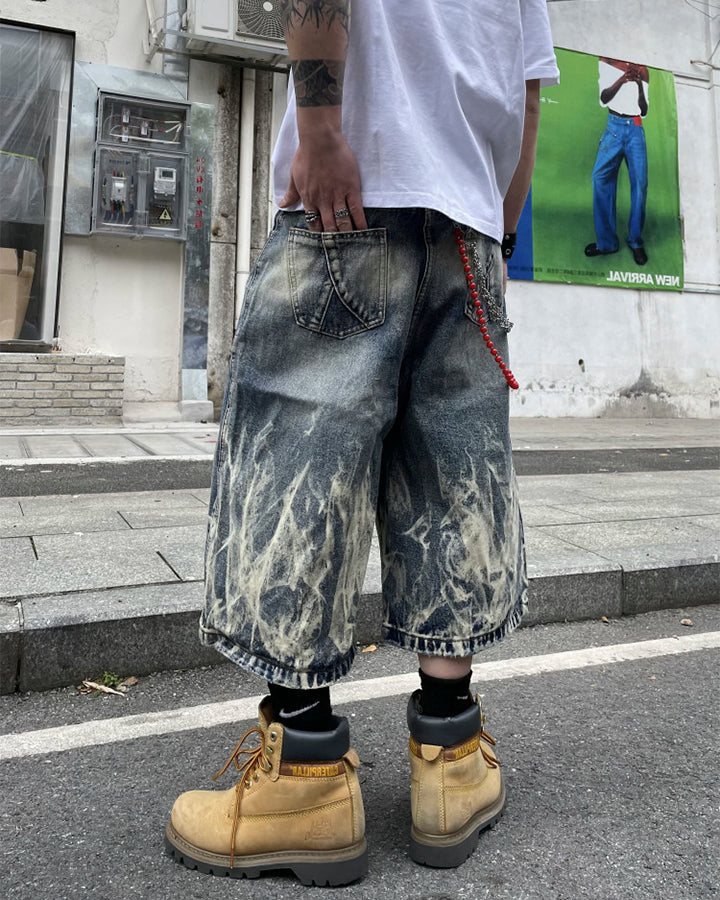 Flame Bleach Denim Shorts