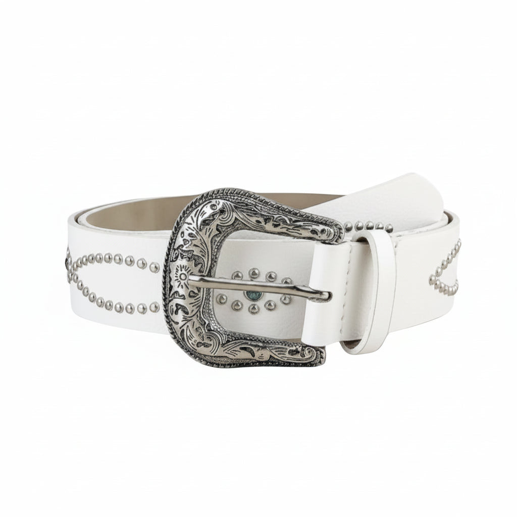 Silver Stud Western Belt — White