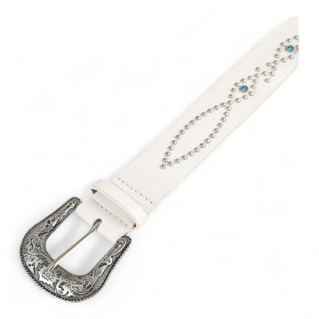 Silver Stud Western Belt — White