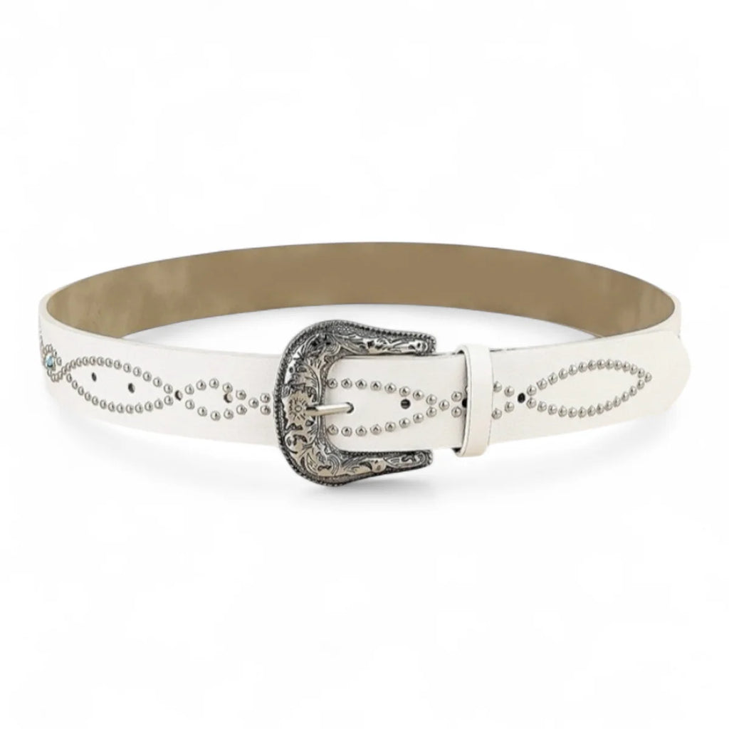 Silver Stud Western Belt — White